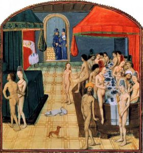 Общее купание и трапеза, Франция, 15 век. (Общественное достояние)
