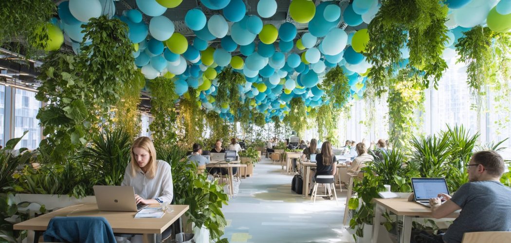 Оформление пространства шарами под потолок для продуктивной работы