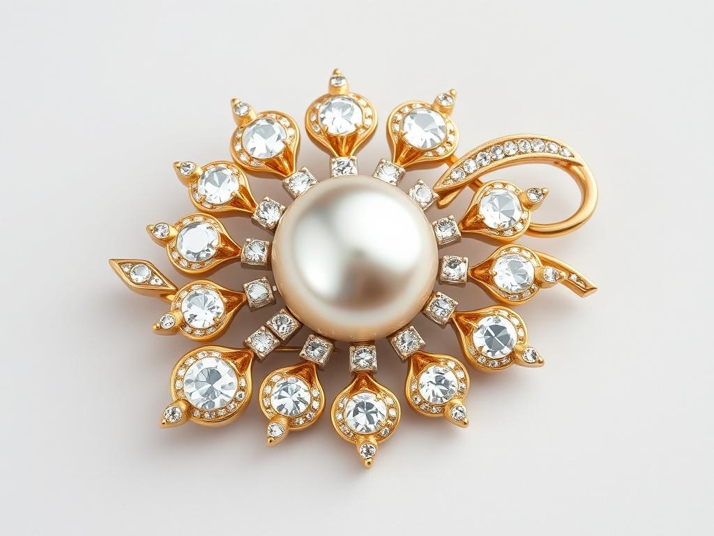 Golden brooch with diamonds and a large pearl Golden brooch with diamonds and a large pearlфото